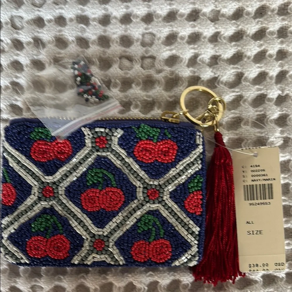 Anthropologie CHERRIES Beaded Coin Purse: Lucky Icons Edition blue red Gift Card